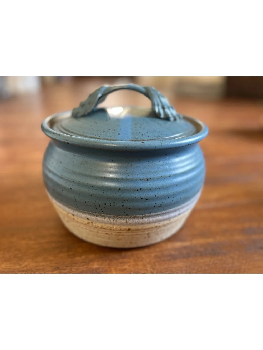 Handmade Blue Ceramic Pot with Lid and Shell Handle